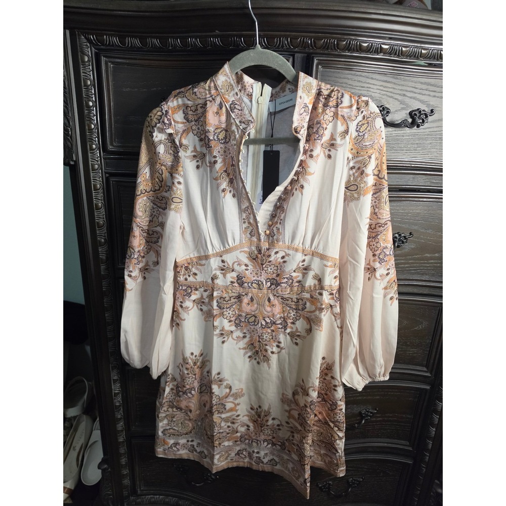 Catch Desire Paisley Floral Mini Dress Cream Long Sleeve Boho CS0625A NWT Size M